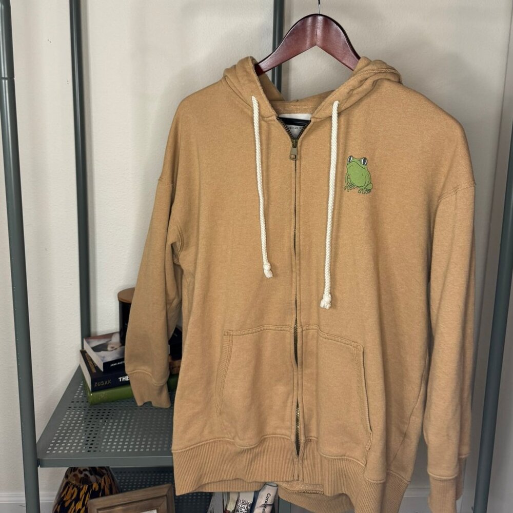 American Eagle Frog "Take Care of Yourself" Tan Zipup Hoodie